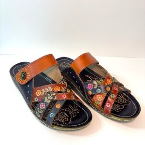 L’Artiste Leigh Leather Slide Navy Multi NIB 41